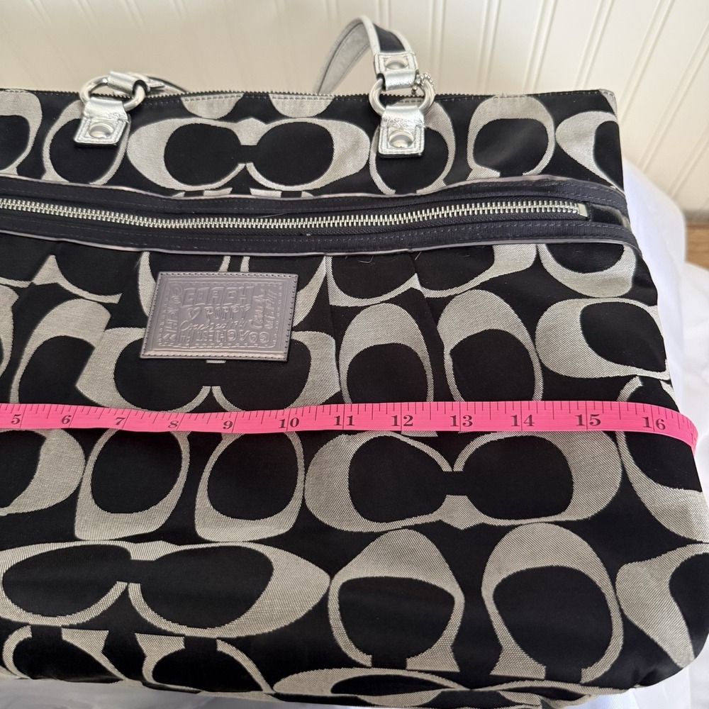 Coach Poppy Large Shoulder Tote Bag Purse Black Silver Shopper Signature C - Picture 13 of 16